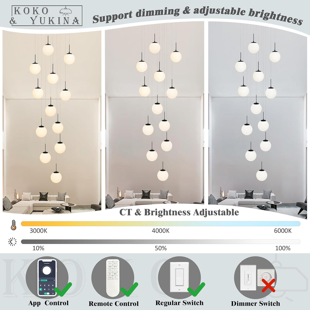 KoKo&Yukina 12-Light Black Mid Century Modern Chandelier for Living Room Staircase Chandelier for Entryway Globe Milky White Glass Pendant Light High Ceiling Chandeliers Foyer (Bulb & Remote Incl.)