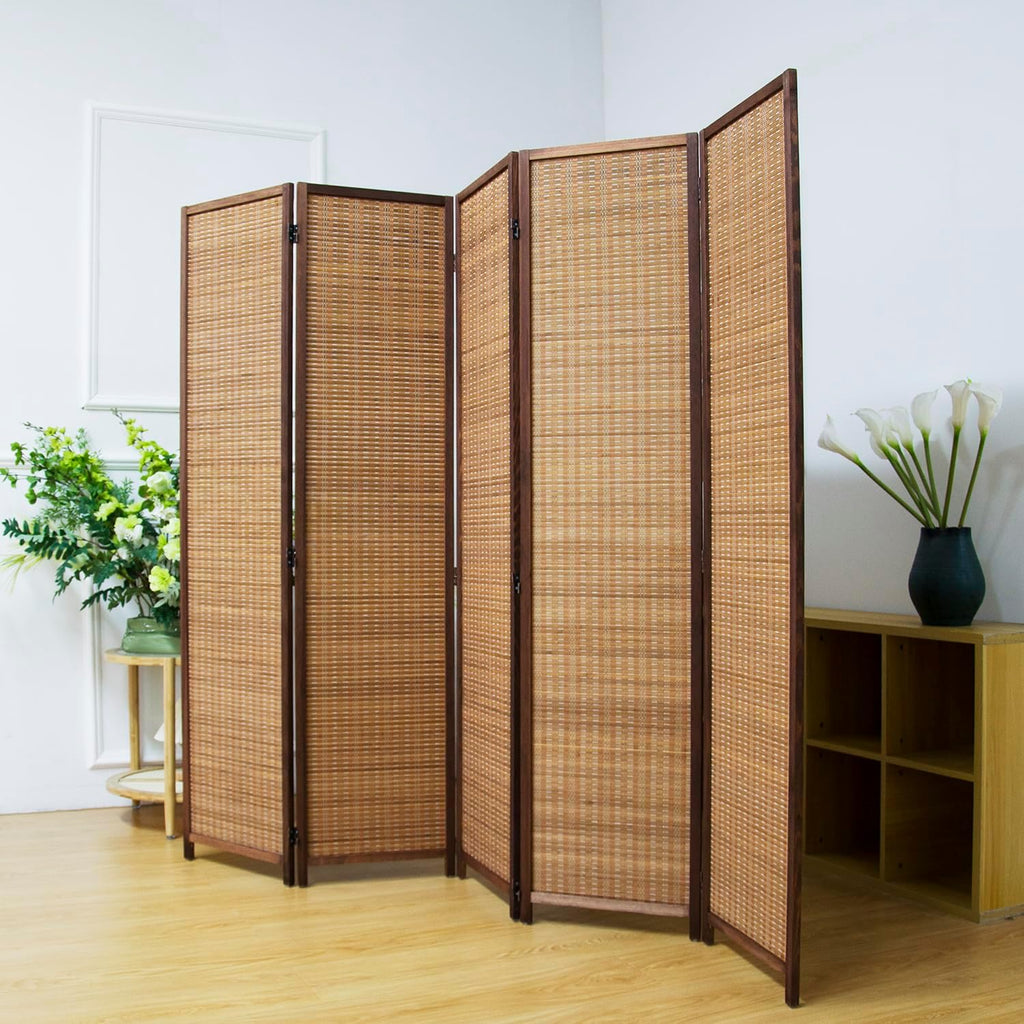 5 Panel Room Divider Screen,5.6 FT Tall Bamboo Divider Folding Privacy Screen,Freestanding Room Divider for Room Seperation,Brown