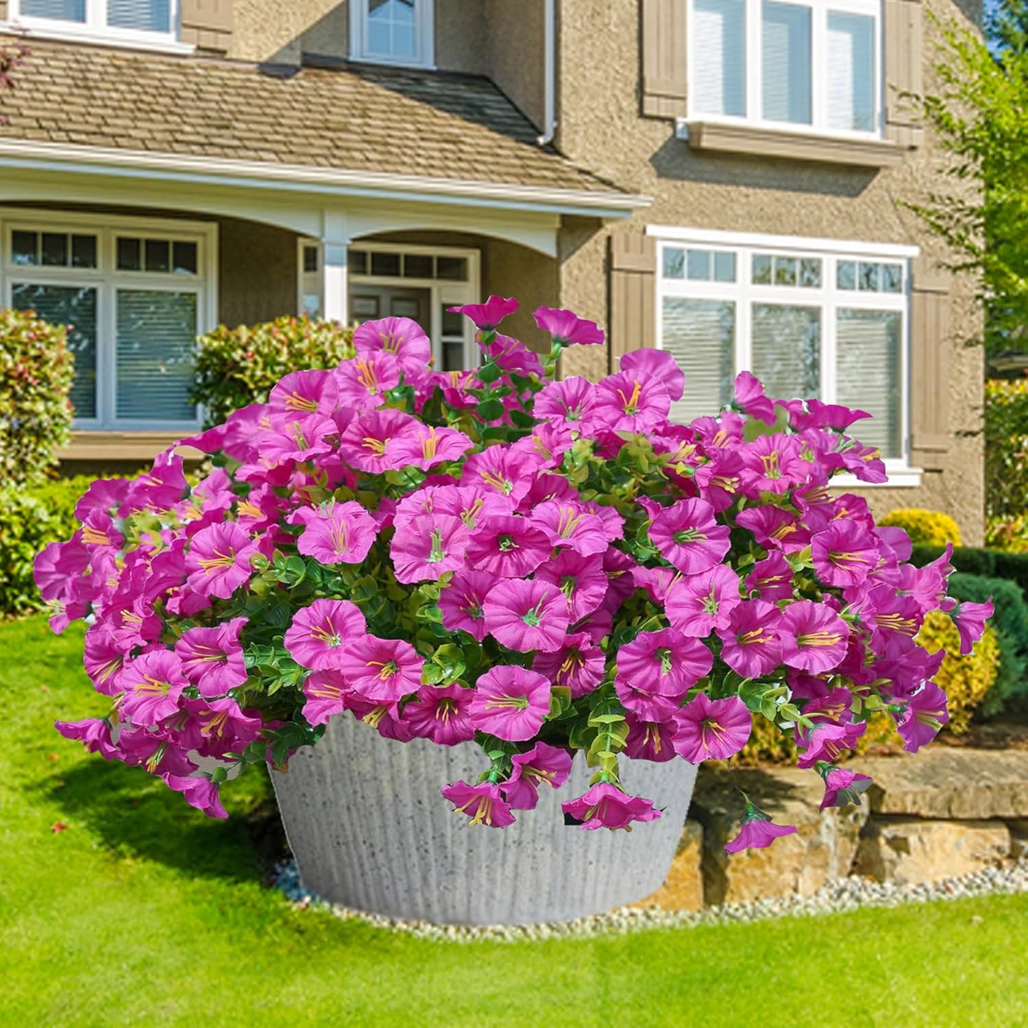 Artificial Outdoor Flowers 16 Bundles Fake Morning Glory Flower Outdoor UV Resistant Plastic Faux Flowers Plants for Decoration Indoor Outdoor Hanging Window Box Planter Home Porch Decor (Fuchsia)