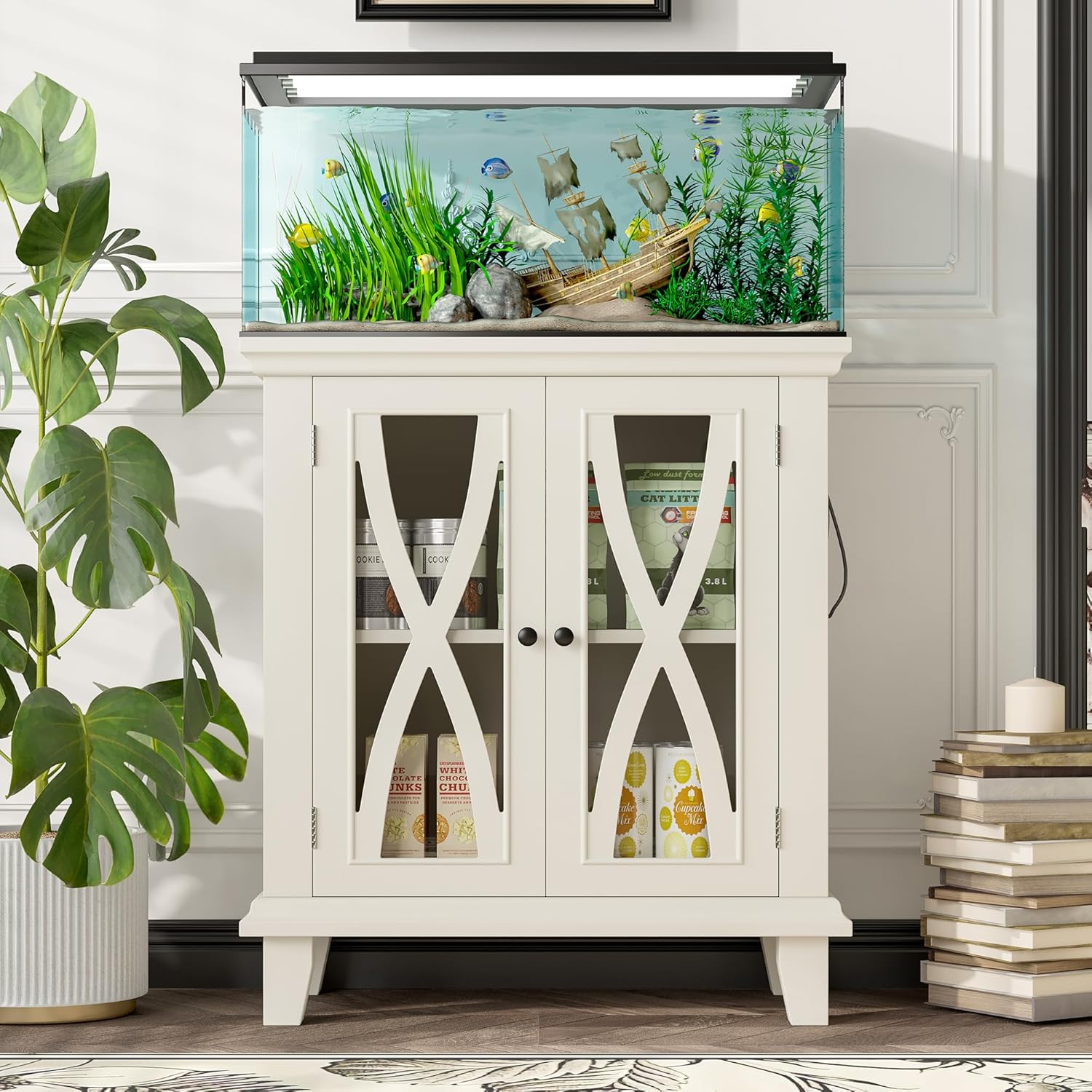 20 Gallon Fish Tank Stand with Cabinet Storage and Power Outlets (4 AC 2 USB), Farmhouse Aquarium Cabinet with Adjustable Shelves, MDF Frame, 298LBS Capacity, Beige