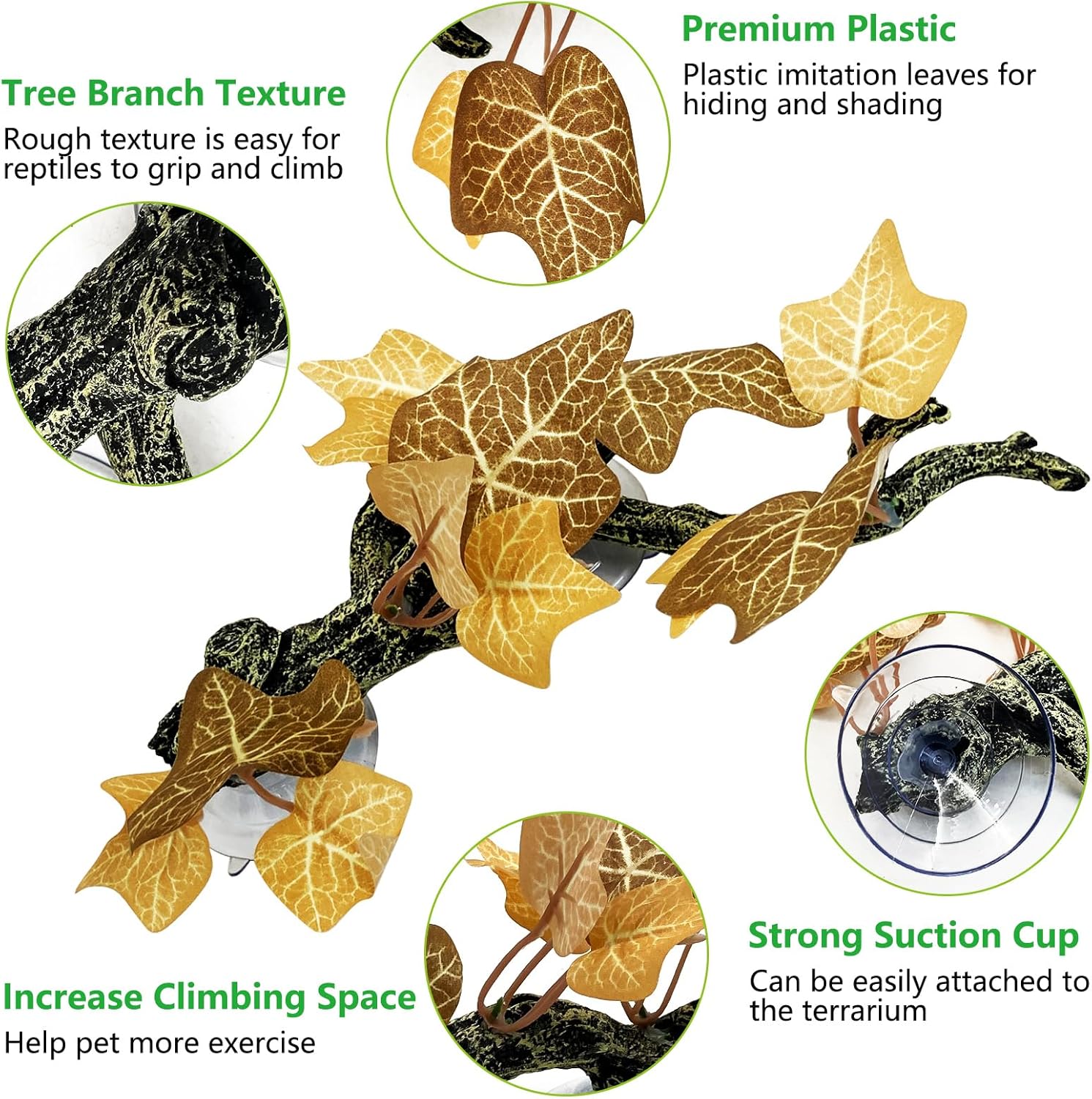 kathson 4 PCS Reptile Corner Branch Resin Snake Climb Tree Branch Decor Reptile Branches for Climbing with Suction Cups Frog Terrarium Plants for Lizard Bearded Dragons Gecko