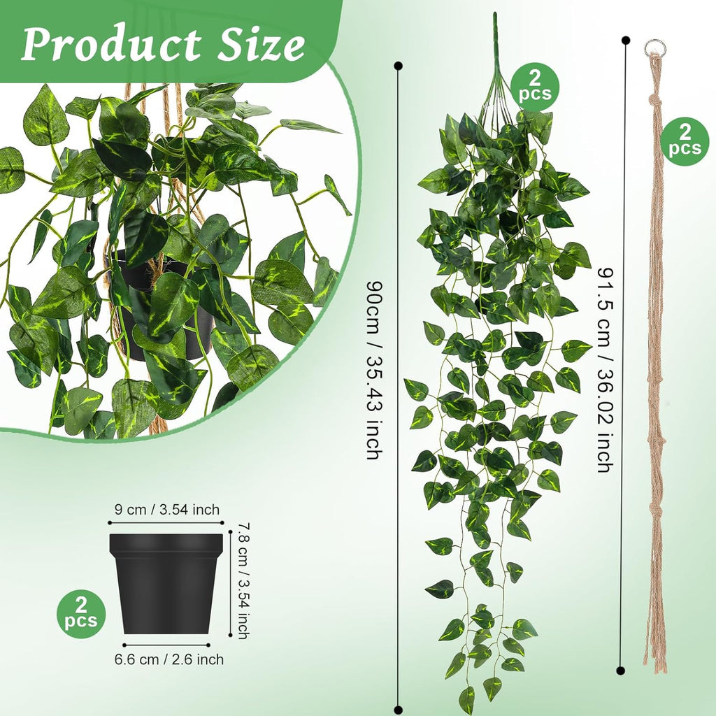 Folmywy 2 Pack Artificial Hanging Plants Vines with Pot Fake Greenery Potted Plant Ivy Leaves Garland Decoration for Shelf Living Room Bedroom Garden Wedding Party Indoor Outdoor