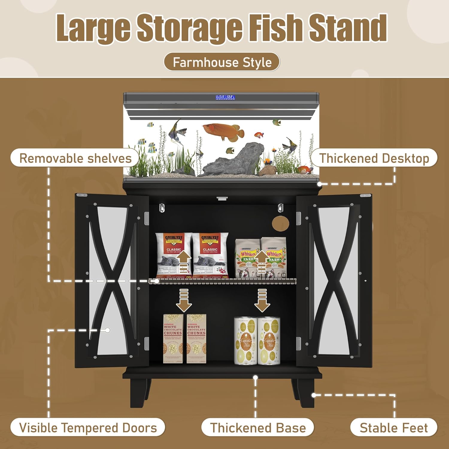 20 Gallon Fish Tank Stand with Power Outlets(4 AC 2 USB), Farmhouse Decorative Aquarium Stand Furniture with Adjustable Shelves, Gallon Reptile Turtle Tank Stand with Cabinet StorageCapacity (Black)
