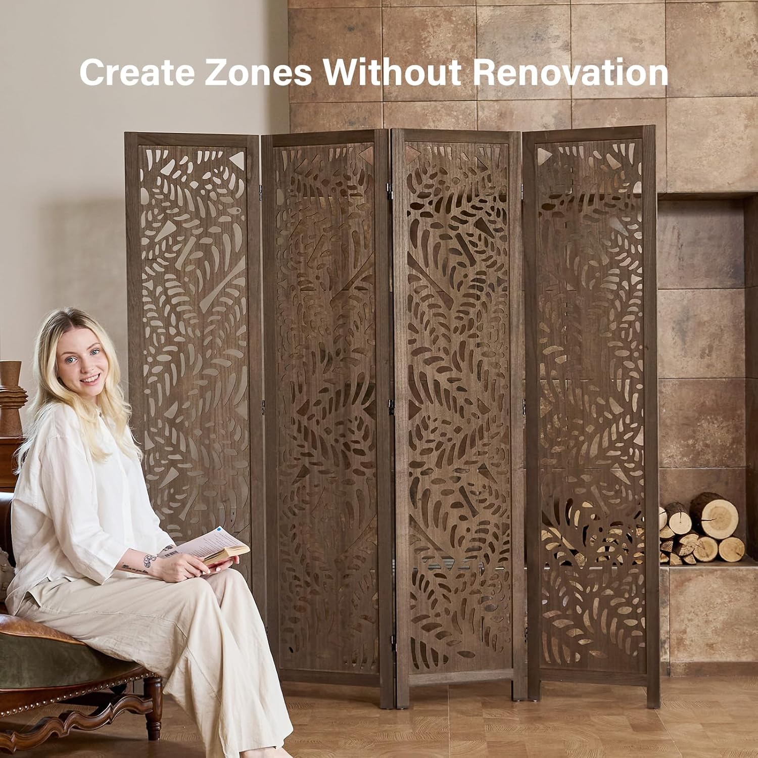 Leaf-Carved Room Divider Privacy Screen - 67 Inch Tall Foading Decorative Wood Screen Dividers Panel for Home - Natural Wood Room Partitions for Enhanced Privacy and Style Brown 4 Panel