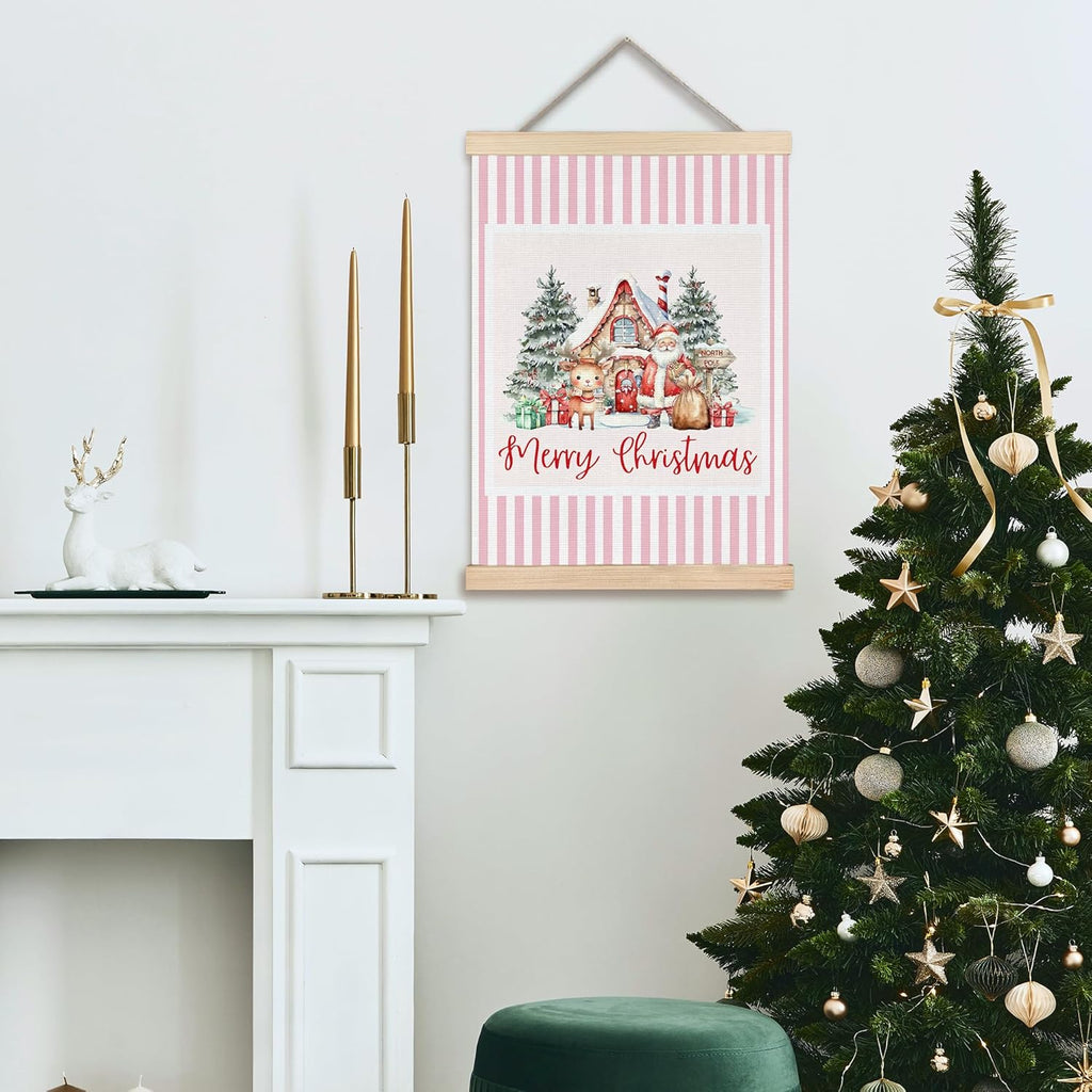 FDHSPAAM Cute Pink Christmas Santa Reindeer Wall Art Decor, Kids Christmas Decor, Winter Cottage Pink Striped Wall Art Posters for Home Bedroom Living Room, 12x16 Inch