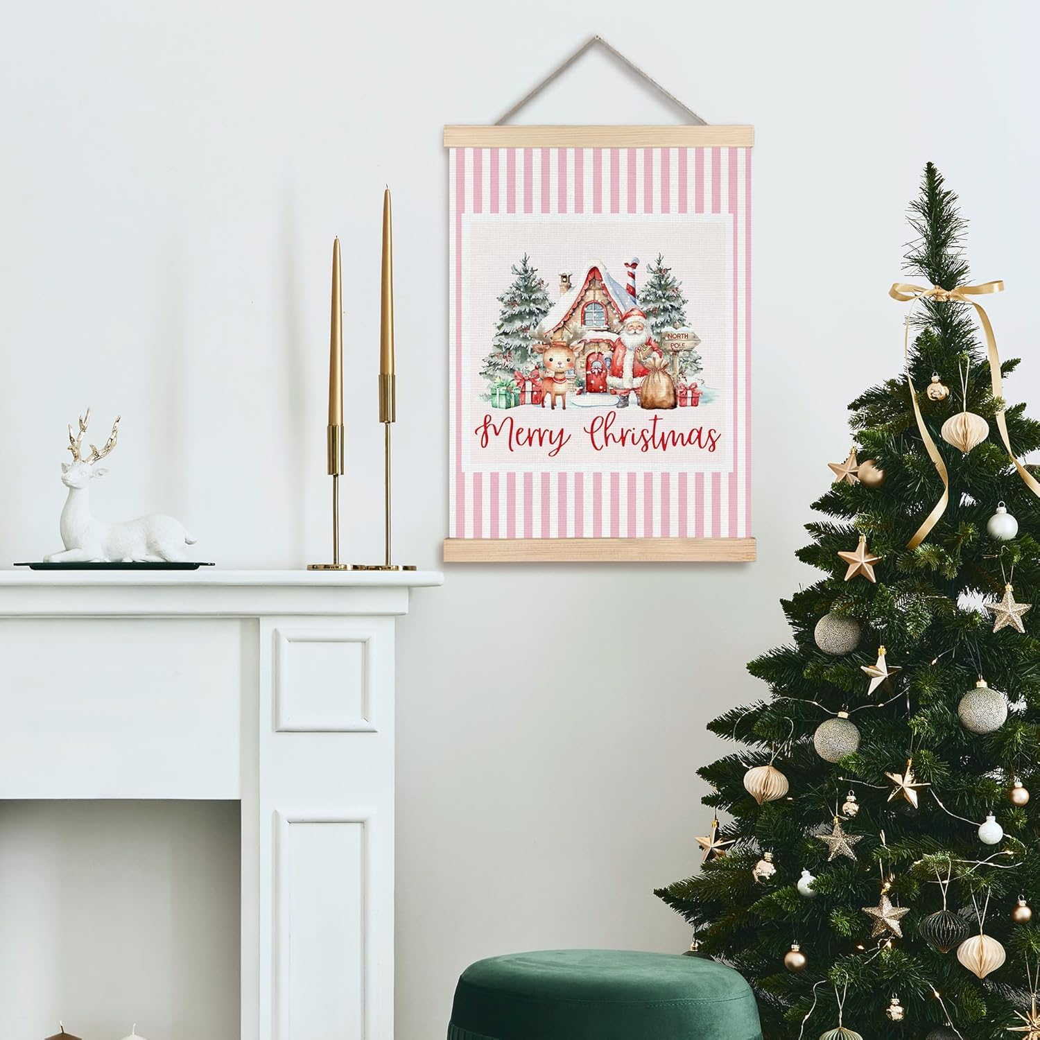 FDHSPAAM Cute Pink Christmas Santa Reindeer Wall Art Decor, Kids Christmas Decor, Winter Cottage Pink Striped Wall Art Posters for Home Bedroom Living Room, 12x16 Inch