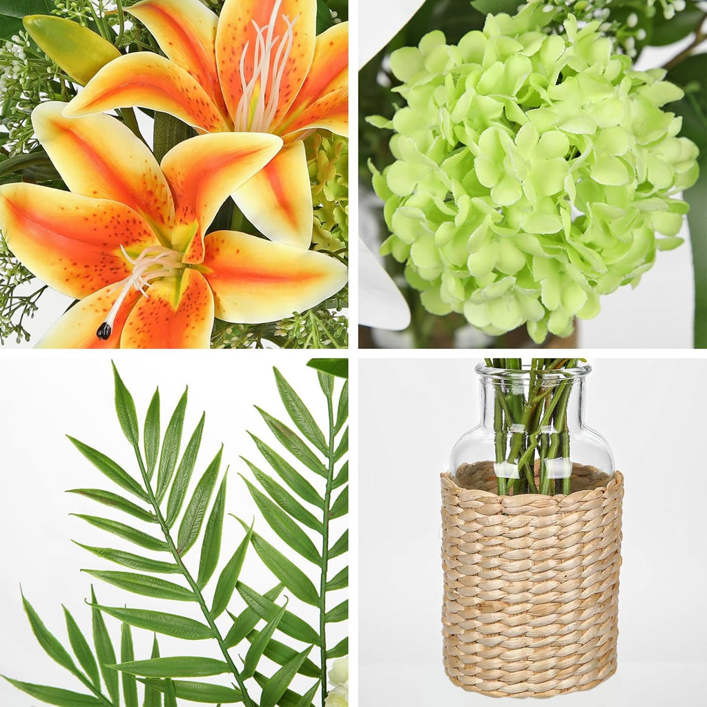 Hollyone Fake Flowers with Vase, Orange Silk Tiger Lily Artificial Flowers in Vase, Faux Plants and Flowers Arrangement Bouquets with Vases for Table Centerpieces Office Bathroom Home Decor