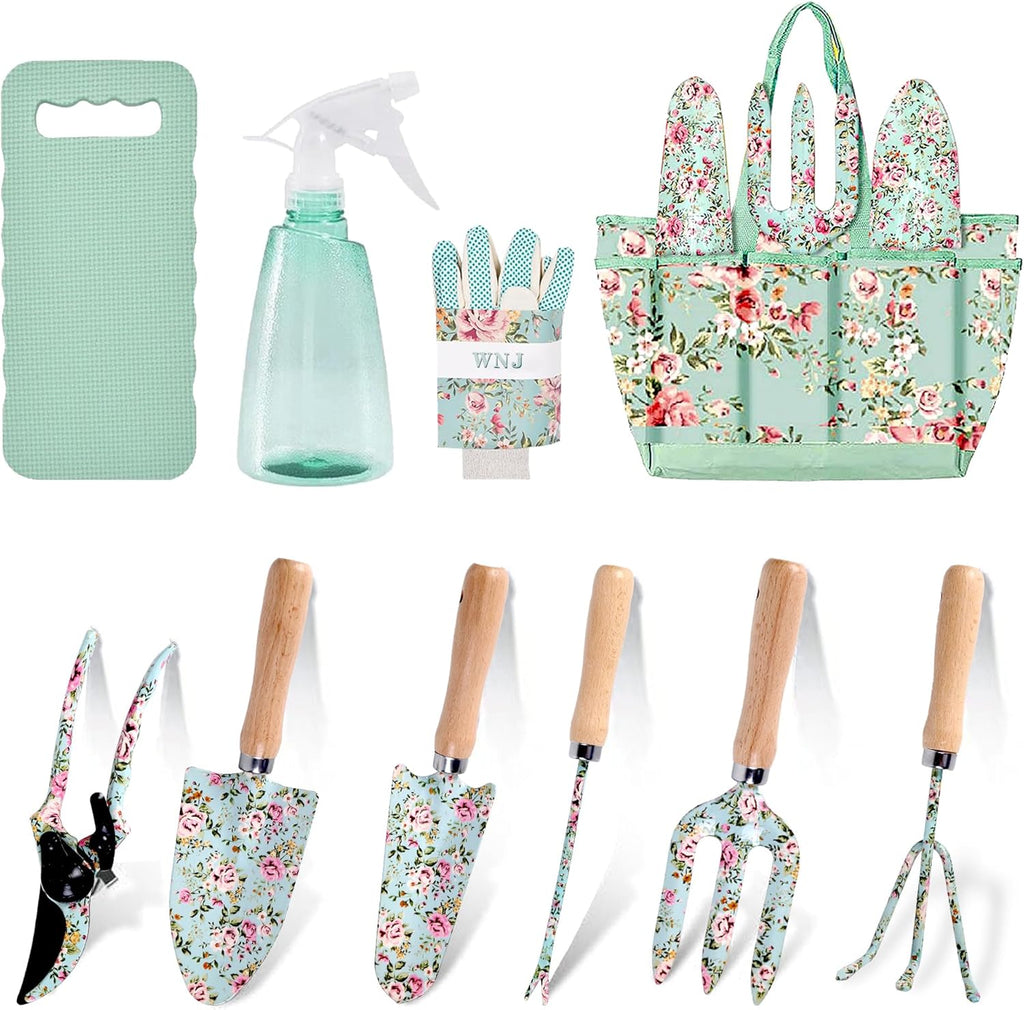 WNJ Gardening Tool Set, 10 PCS Heavy Duty Floral Pattern Garden Tools Set Kit, Complete Gardening Tool Bag Set, with Non-Slip Rubber Handle, Best Gifts for Women