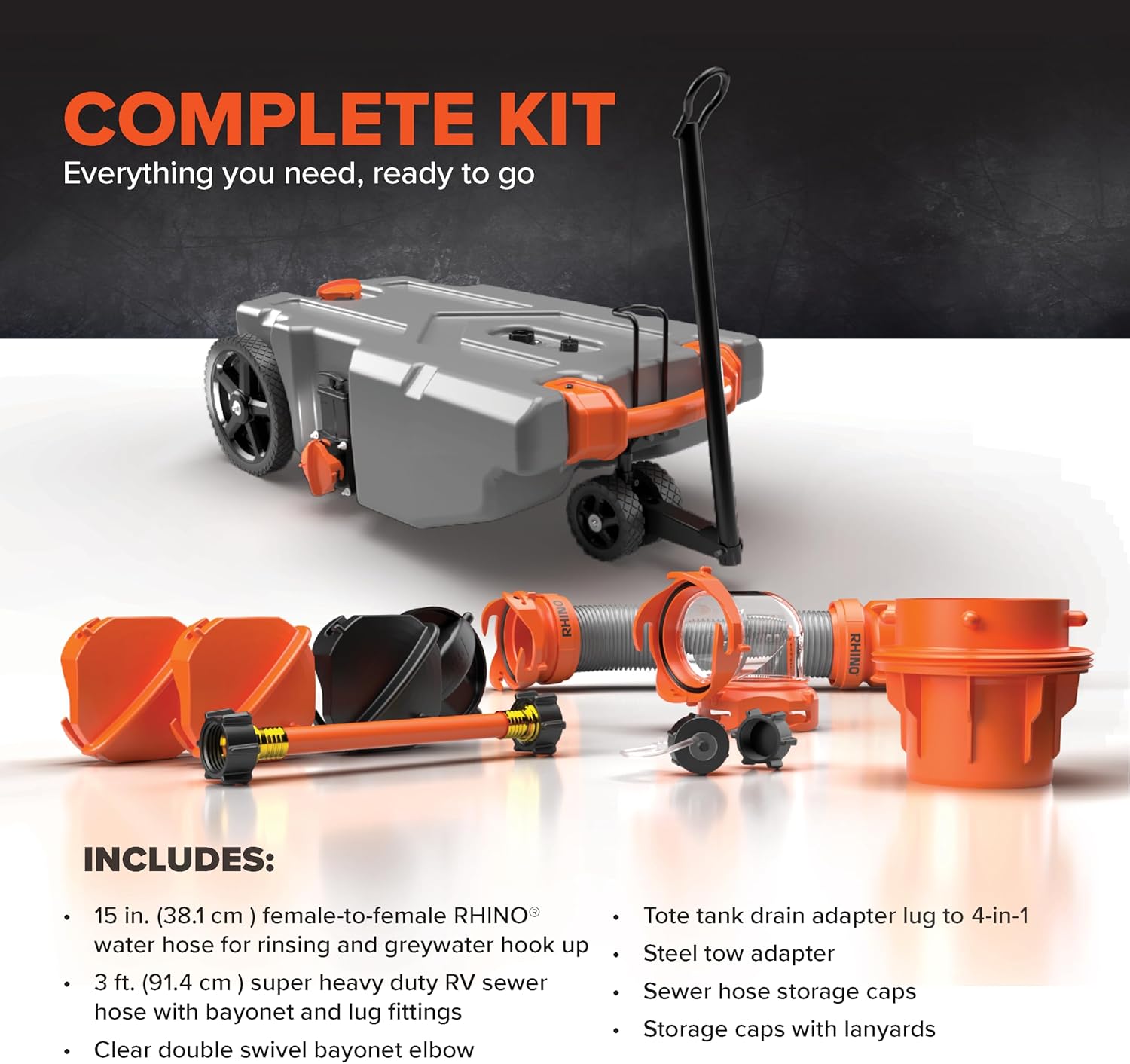 Camco Rhino 36-Gallon Portable RV Tote Tank - Features 2 Steerable No-Flat Front Wheels & Built-in Gate Valve - Includes Removable 24" Tow Bar, 3’ Sewer Hose & More RV Accessories (39007)