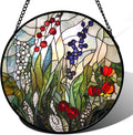 Stained Glass Window Hanging Red Purple Flowers Berry Green Plants 7.8" - Suncatcher Door Garden Sun Catcher Home Decor Birthday Christmas for Mom Men Woman Friend