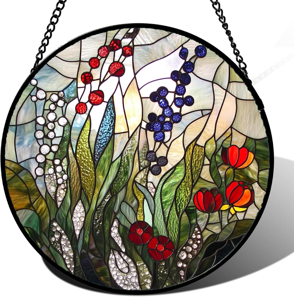 Stained Glass Window Hanging Red Purple Flowers Berry Green Plants Large 11.8" - Suncatcher Door Garden Sun Catcher Home Decor Birthday Christmas for Mom Men Woman Friend