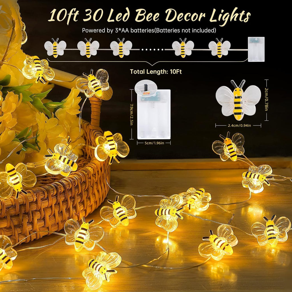 Bee Decor String Lights 10Ft 30 Led Battery Operated Bee Bumble Whimsical Decor Bee Decorations Honey Bee Gifts for DIY, Home, Classroom, Birthday, Kids Room, Garden, Wedding, Party
