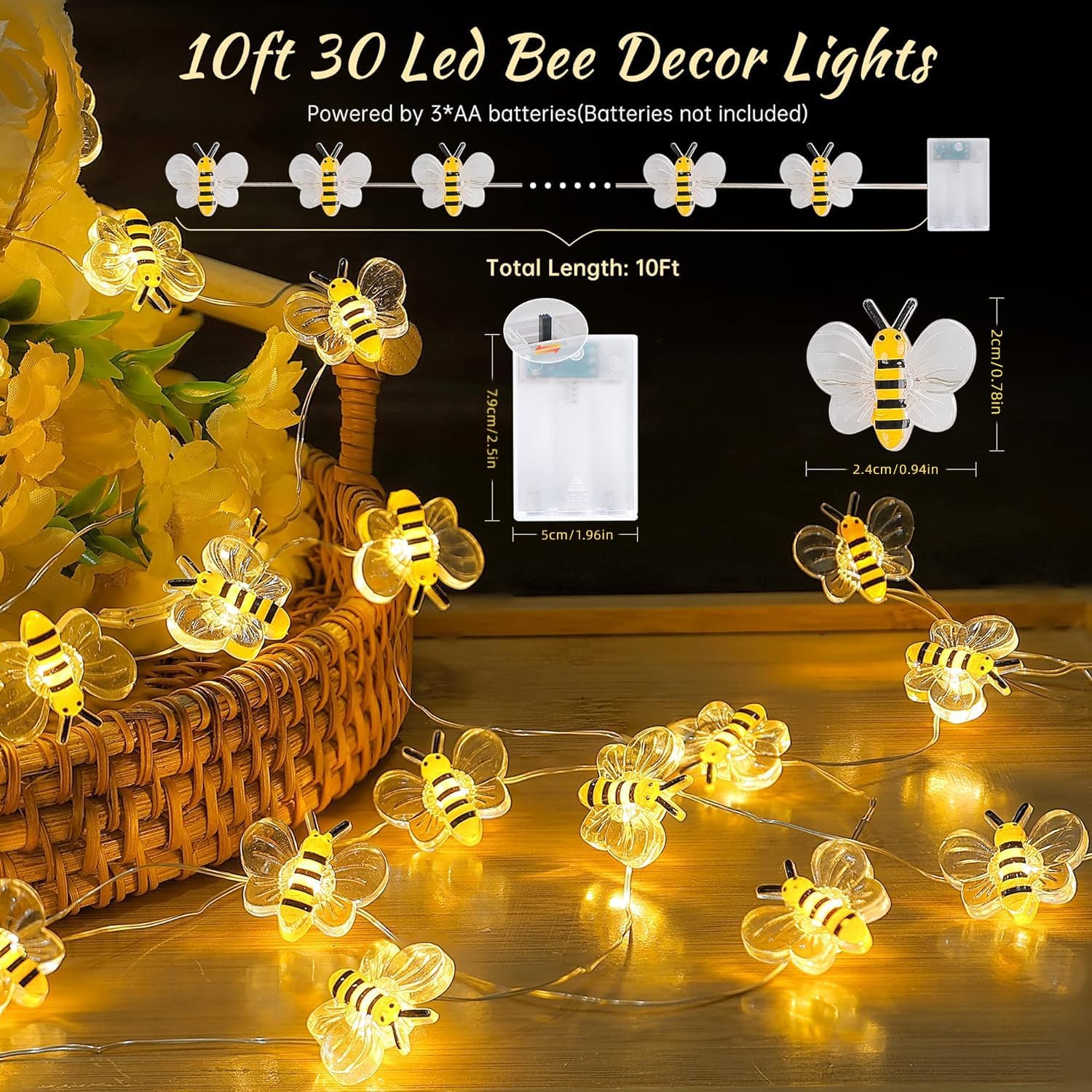 Bee Decor String Lights 10Ft 30 Led Battery Operated Bee Bumble Whimsical Decor Bee Decorations Honey Bee Gifts for DIY, Home, Classroom, Birthday, Kids Room, Garden, Wedding, Party