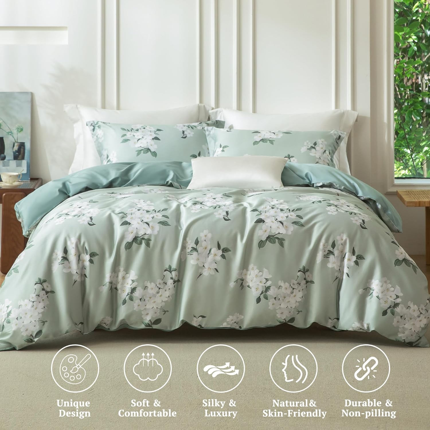 MILDLY Full Size Duvet Cover Set 100% Long-Staple Cotton Luxury Sage Green Floral Patten Reversible Comforter Cover Set 3Pcs