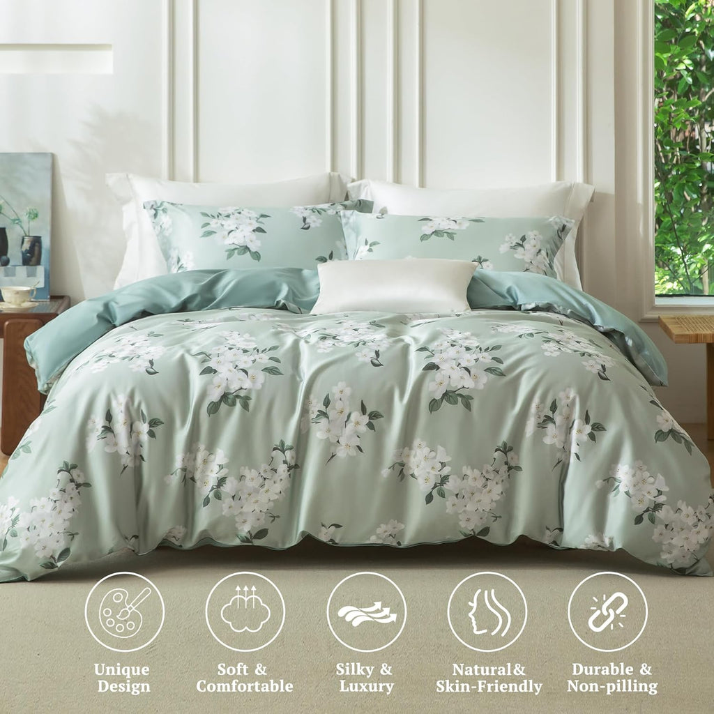MILDLY Twin Size Duvet Cover Set 100% Long-Staple Cotton Luxury Sage Green Floral Patten Reversible Comforter Cover Set 2Pcs