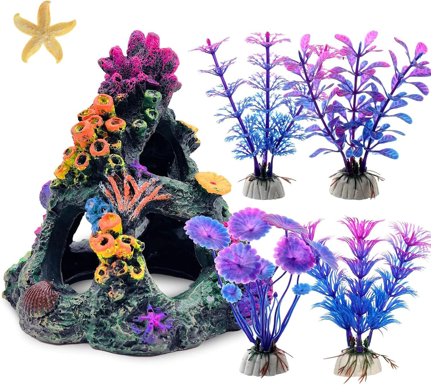 Fish Tank Decoration Set, Aquarium Decor Colorful Coral Mountain x 1pc, Betta Fish Tank Accessories Aquatic Plants x 4pcs，Aquarium Decor Starfish x 1pcs.