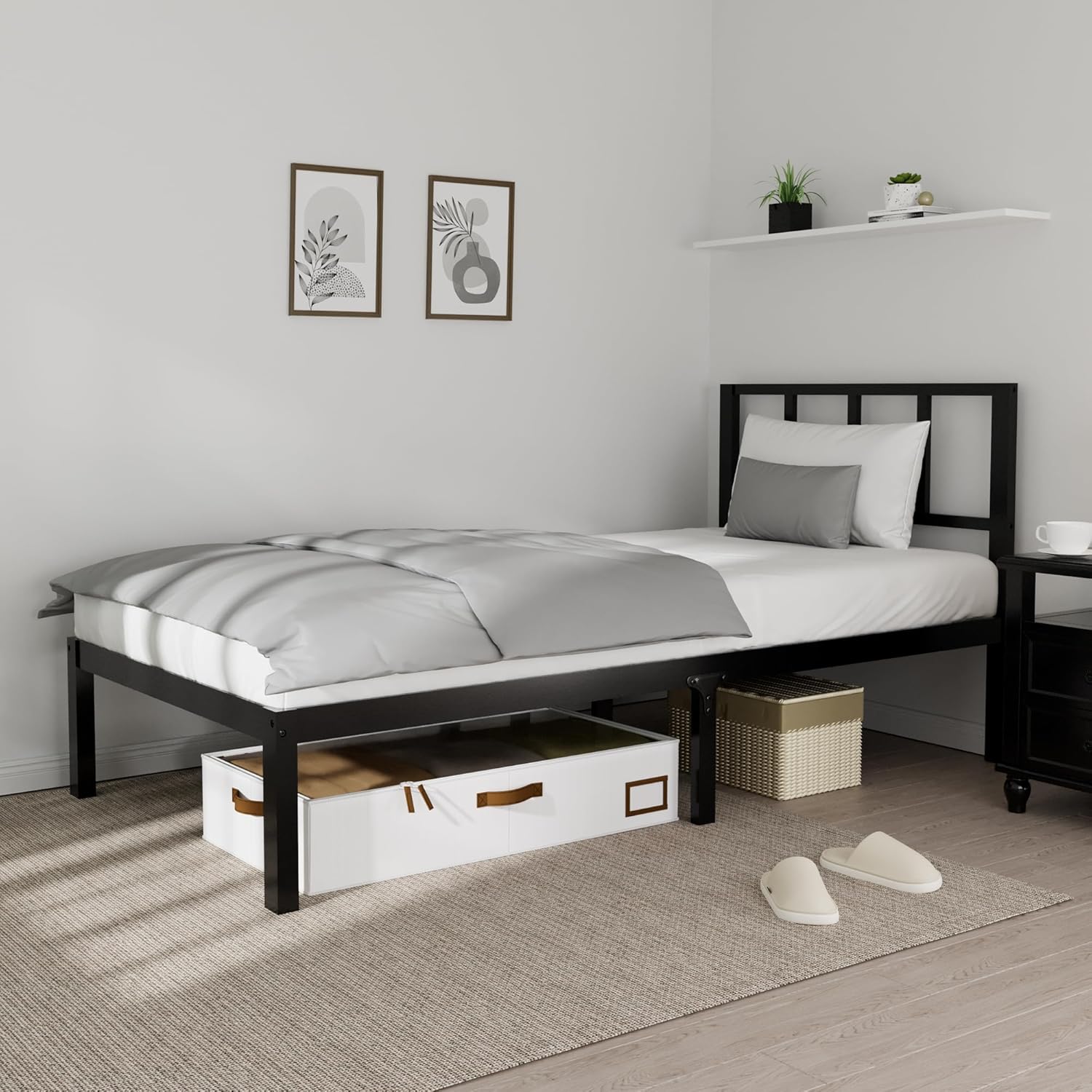 14 Inch Bamboo Bed Frame – Solid Wood Platform Bed Frame, Strong and Stable, with Non-Slip Slats for Support, No Box Spring Needed, Easy to Assemble, Noise-Free (Black with Headboard, Twin)