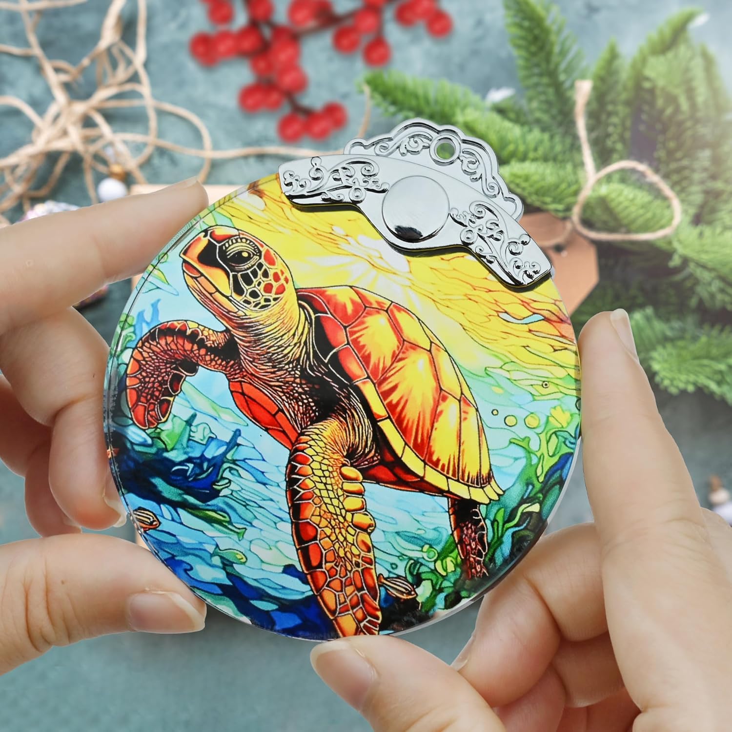 Stained Glass Christmas Ornament, Jocidea Sea Turtle Christmas Decorations, Christmas Tree Ornament, Sea Turtle Lovers Gifts, Holiday Decor and Xmas Gifts Ideas