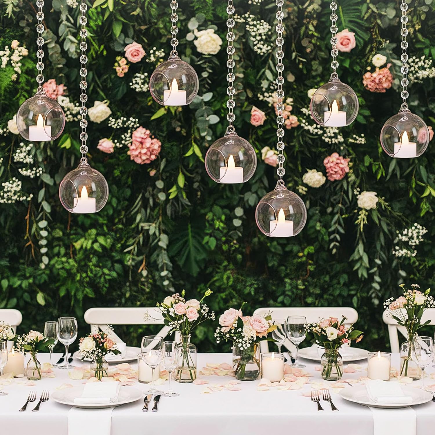 3.15'' Pink Hanging Glass Tealight Holder Globe and Clear K9 Crystal Garland Strands, Hanging Glass Terrarium Containers for Wedding Party Tree Decoration(17 Pcs)