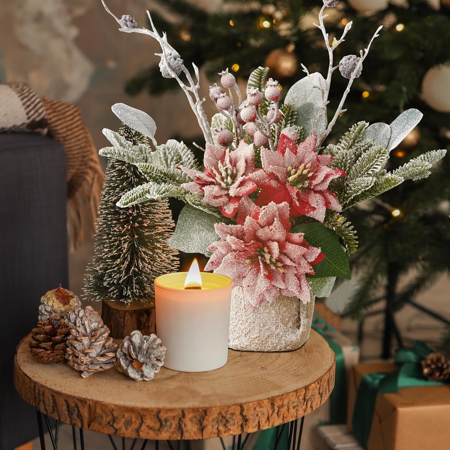 Artificial Poinsettias Christmas Flowers with Red Berry Pine Cone Branches Linen Base,12” Faux Poinsettias Plants for Home Office Table Fireplace Winter Indoor Christmas Decorations Red