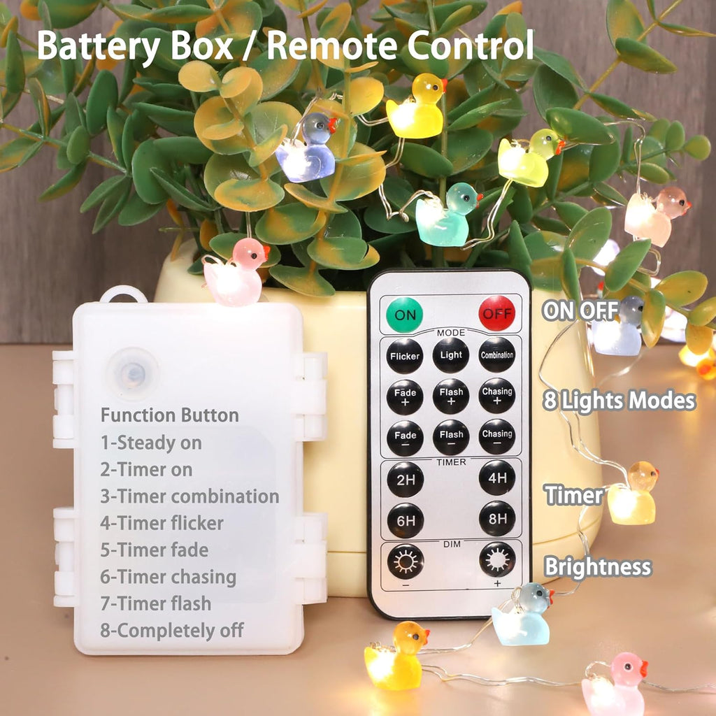 Tiny Duck String Lights Battery/USB Powered - 10ft 40 Lights Multi-Color Duck, Remote Control LED Fairy Warm White Light for DIY Crafts Wedding Table Centerpieces Party Bedroom Christmas