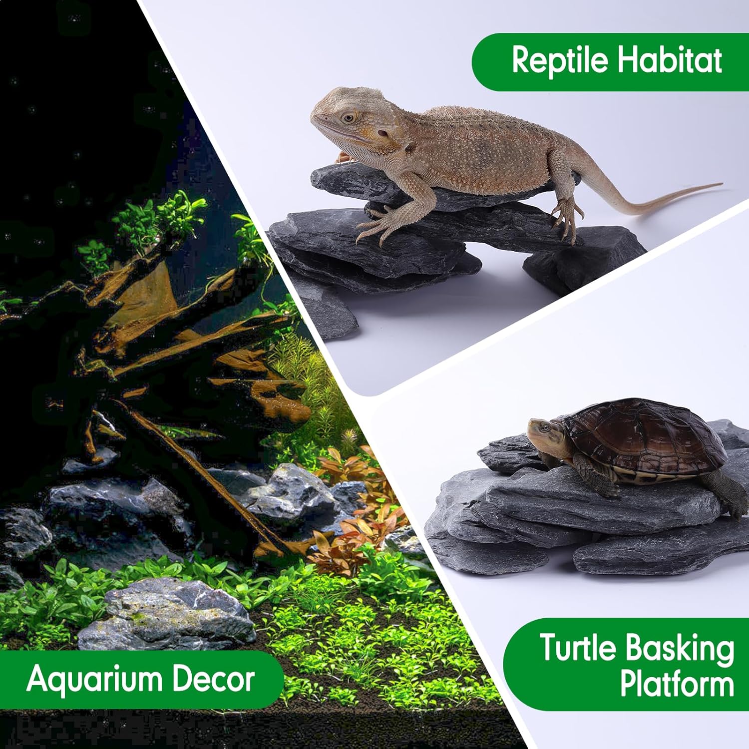 Natural Slate Stone Rocks for Aquascaping, Reptile Basking Platforms & Fish Tank Decor, Aquarium Bridge Design Kit: 8×3-6" +1×8-10" Slates (4.1-4.6 lbs)