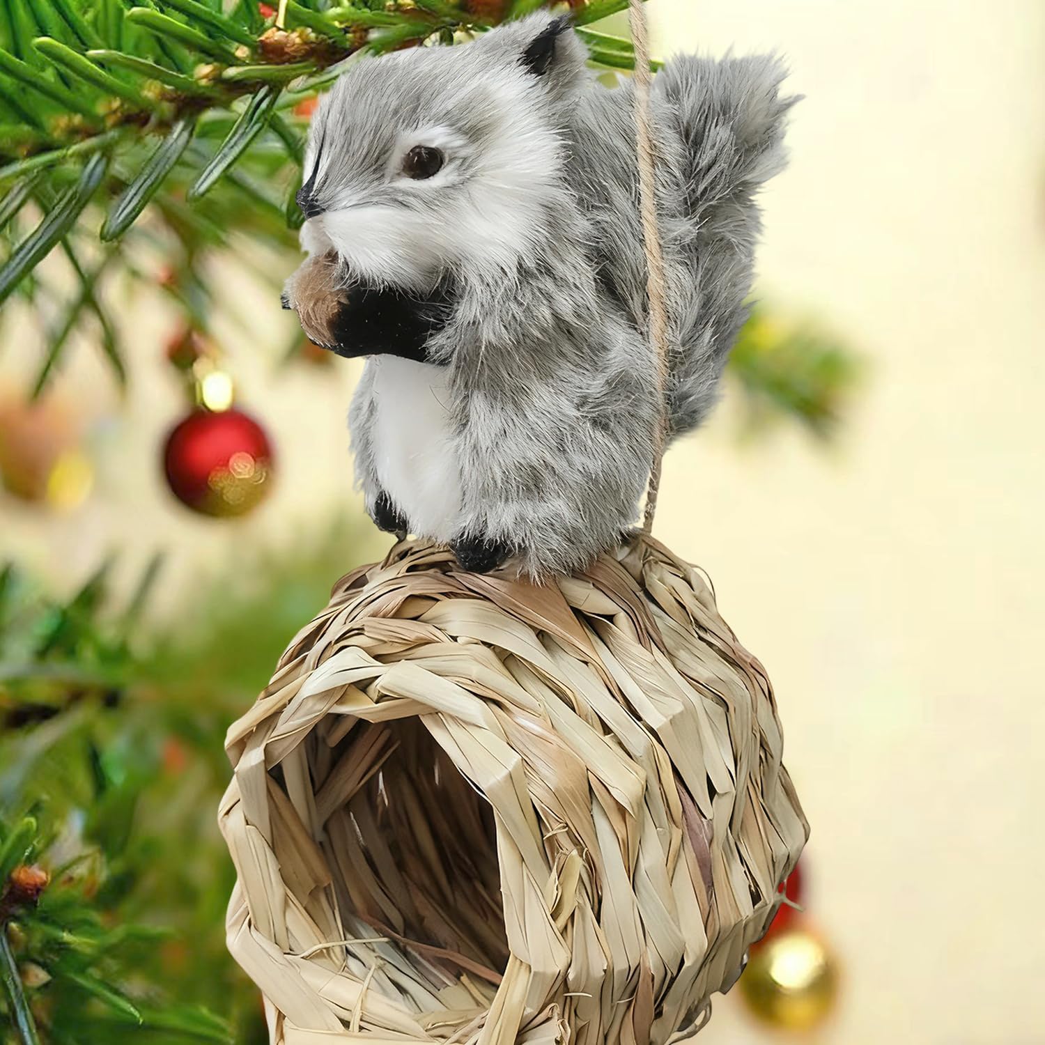 3D Forest Animals Ornaments for Christmas Tree Woodland Furry Animal Ornament Handmade Bird Nest with Plush Animal for Xmas Tree Faux Fur Animals Hanging Decoration (5" Nest & Grey Squirrel)