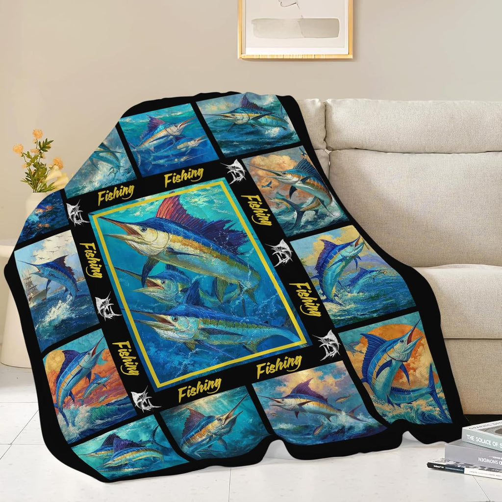 Fish Throw Blanket Fishing Marlin Stuff Gifts for Kids Girls Boys Adults Women Men Soft Cozy Warm Plush Fluffy Fuzzy Fleece Blanket Decor 60''X80''