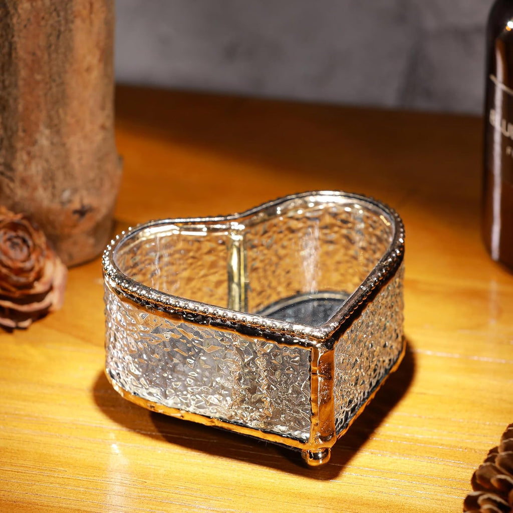 Glass Vintage Jewelry Box Keepsake storage Trinket Ring Display Box Home Decor Embossed Clear Glass Box Organizer (4×3.6×2.1inches)