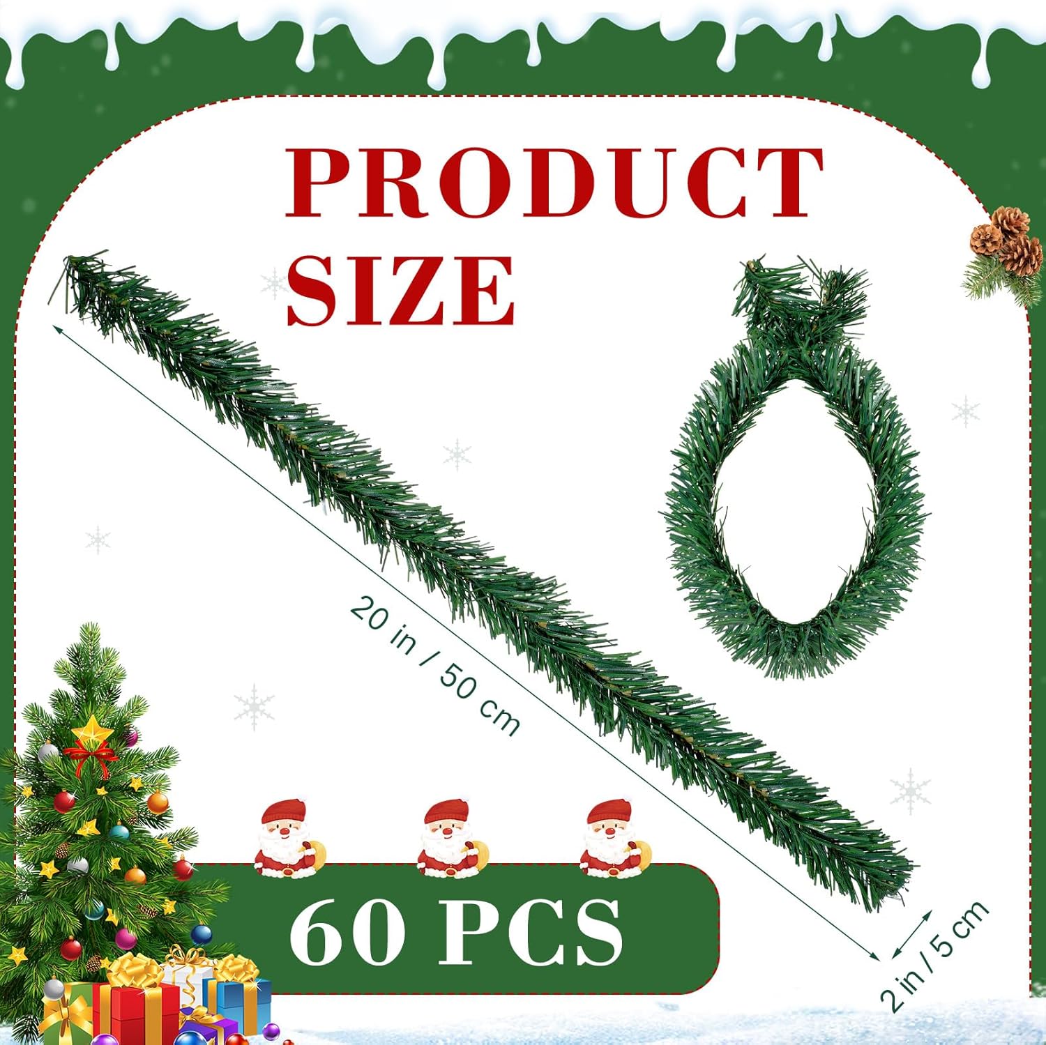 Zhengmy 60 Pcs 20 Inch Christmas Garland Ties Artificial Pine Needles Flexible Pine Stems Twist Wired Tree Branches for Christmas Stairs Railing Banister DIY Craft Gift Wrapping