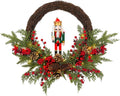 Christmas Wreath Artificial Christmas Nutcracker Wreath with a Nutcracker, Red Berries and Pine Cones, Suitable for Decorating Doors, Windows. (Red Wooden Nutcracker Decor with Light)