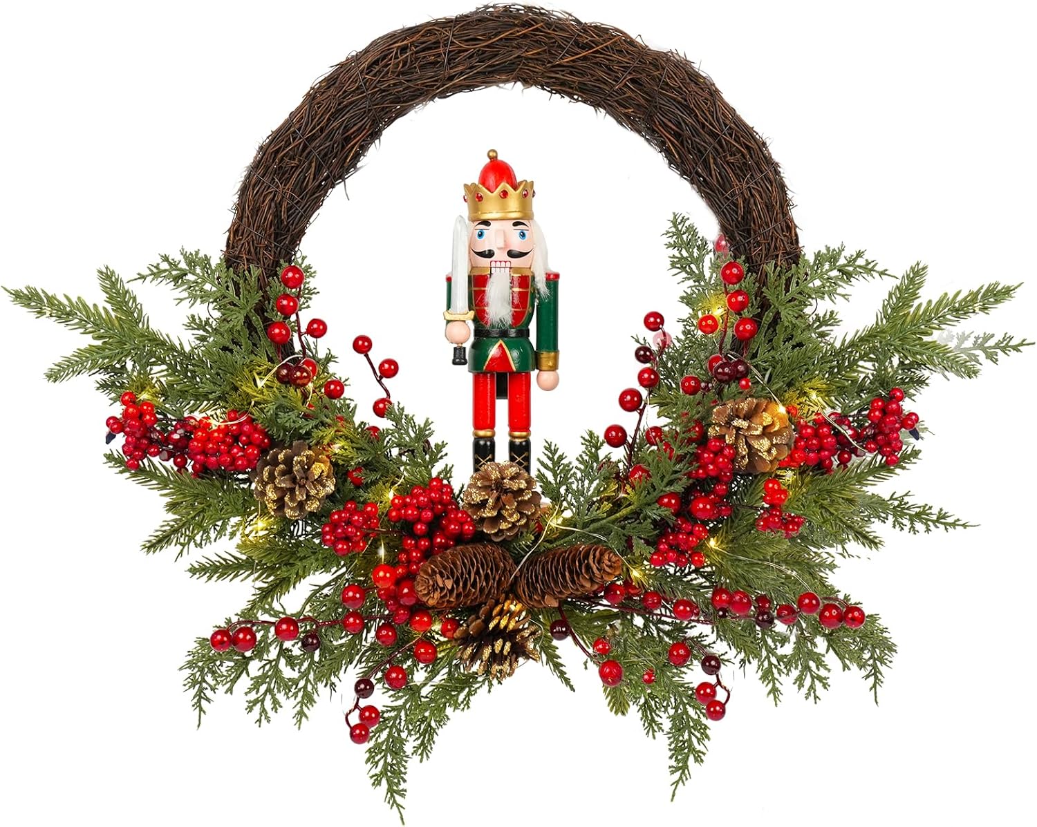 Christmas Wreath Artificial Christmas Nutcracker Wreath with a Nutcracker, Red Berries and Pine Cones, Suitable for Decorating Doors, Windows. (Red Wooden Nutcracker Decor with Light)