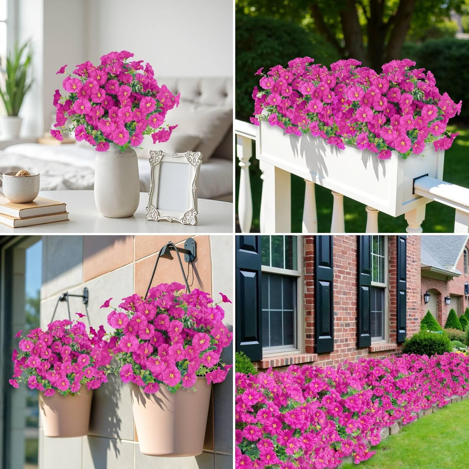Ouddy Decor 24 Bundles Artificial Flowers for Outdoors Decoration Fake Silk Morning Glory Flowers Faux Eucalyptus Plants UV Resistant for Porch Patio Garden Spring Summer Home Decor, Fuchsia