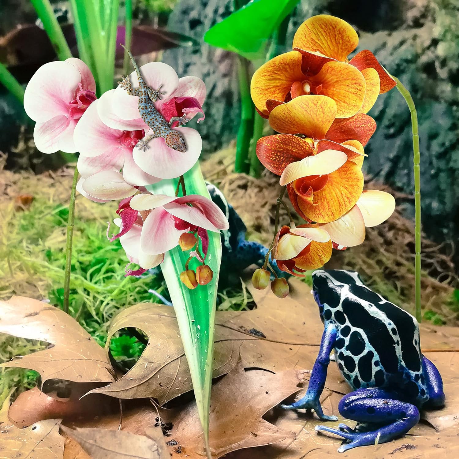 Chuangdi 2 Pieces Artificial Phalaenopsis with Suction Cups Terrarium Plant Decoration Reptile Habitat Plant Decor for Hermit Crab Lizards Geckos Snake Reptile (Purple, Yellow)