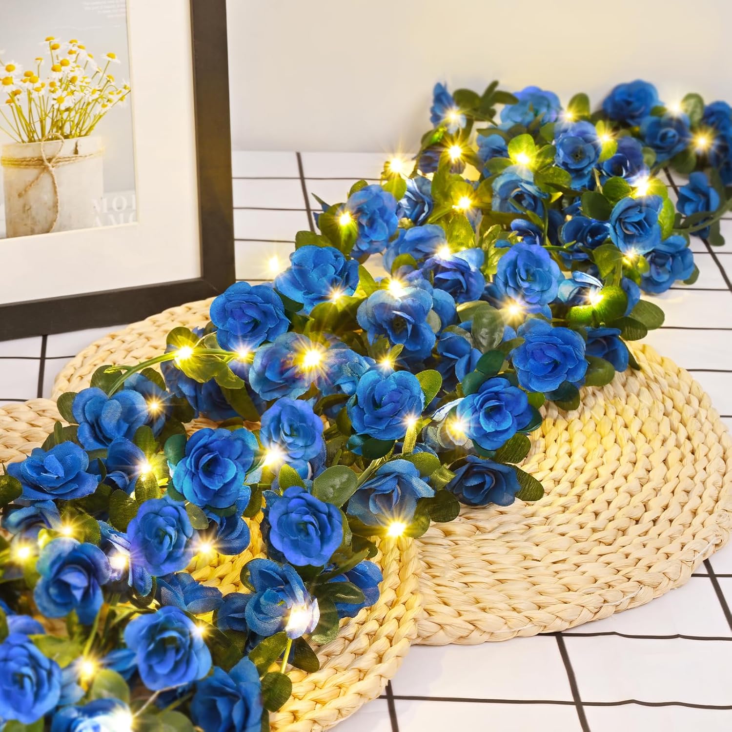 BLEUM CADE 5Pcs 41Ft Flower Garland Artificial Rose Vines with 32.8Ft String Lights, Cute Fake Hanging Flower Vines Floral Garland Decorations for Wedding Party Wall Room Decor Aesthetic