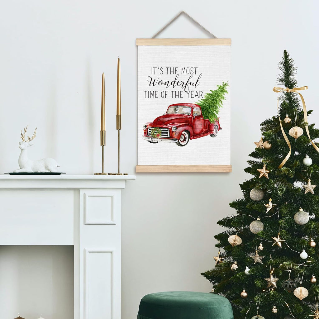 FDHSPAAM Red Truck Christmas Wall Art Decor, Retro Christmas Decor, Holiday Old Truck Xmas Tree Wreath Wall Art Posters for Home Bedroom Living Room, 12x16 Inch