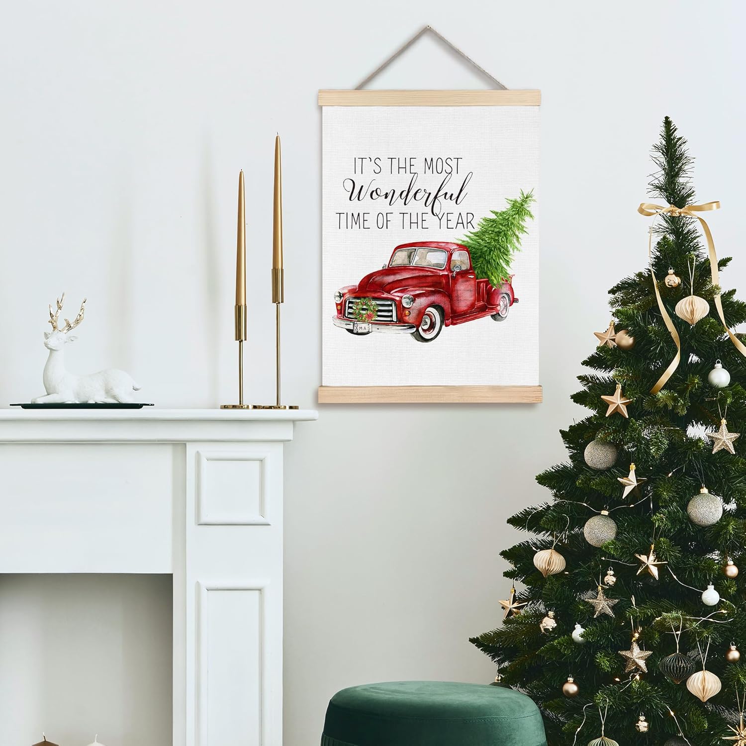 FDHSPAAM Red Truck Christmas Wall Art Decor, Retro Christmas Decor, Holiday Old Truck Xmas Tree Wreath Wall Art Posters for Home Bedroom Living Room, 12x16 Inch