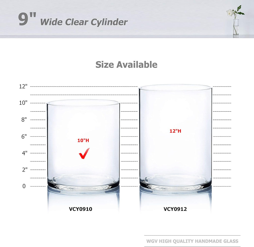 WGV Cylinder Vase, Width 9", Height 10", Clear Wide Large Diameter Flower Glassware, Floral Container, Planter Terrarium for Wedding Party Event, Home Accent Decor, 1 Piece
