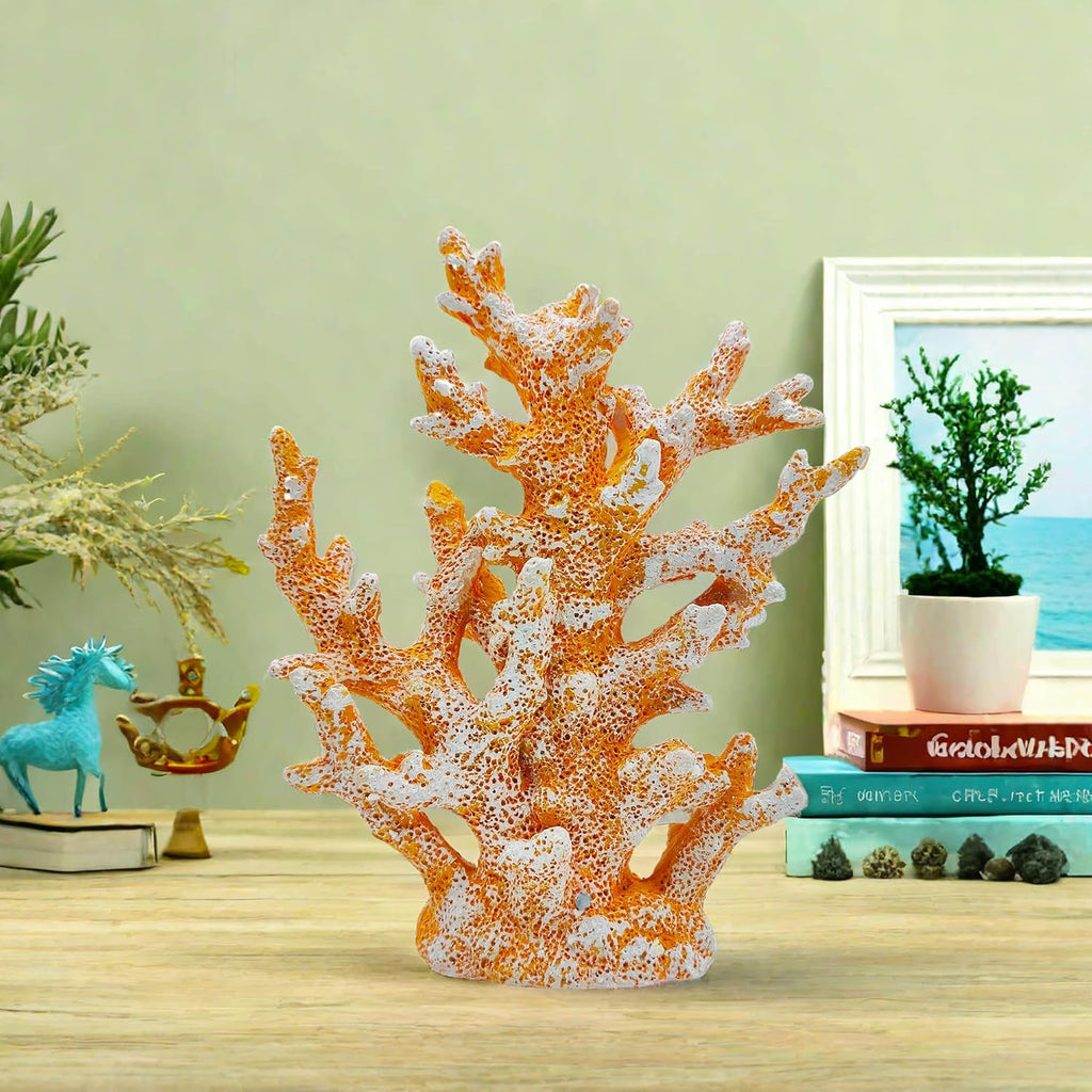 Beach Coastal Decor Coral Reef Home Decor Coral Statue Sculpture Home,Desk,Bathroom,Desktop Shelf Statue,Marine Themed Gifts (Golden Orange Coral)