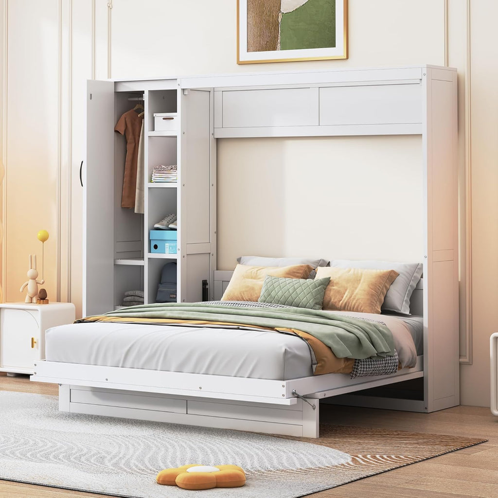Merax Queen Size Murphy Bed Wall Bed with Shelves, Drawers and LED Lights,White
