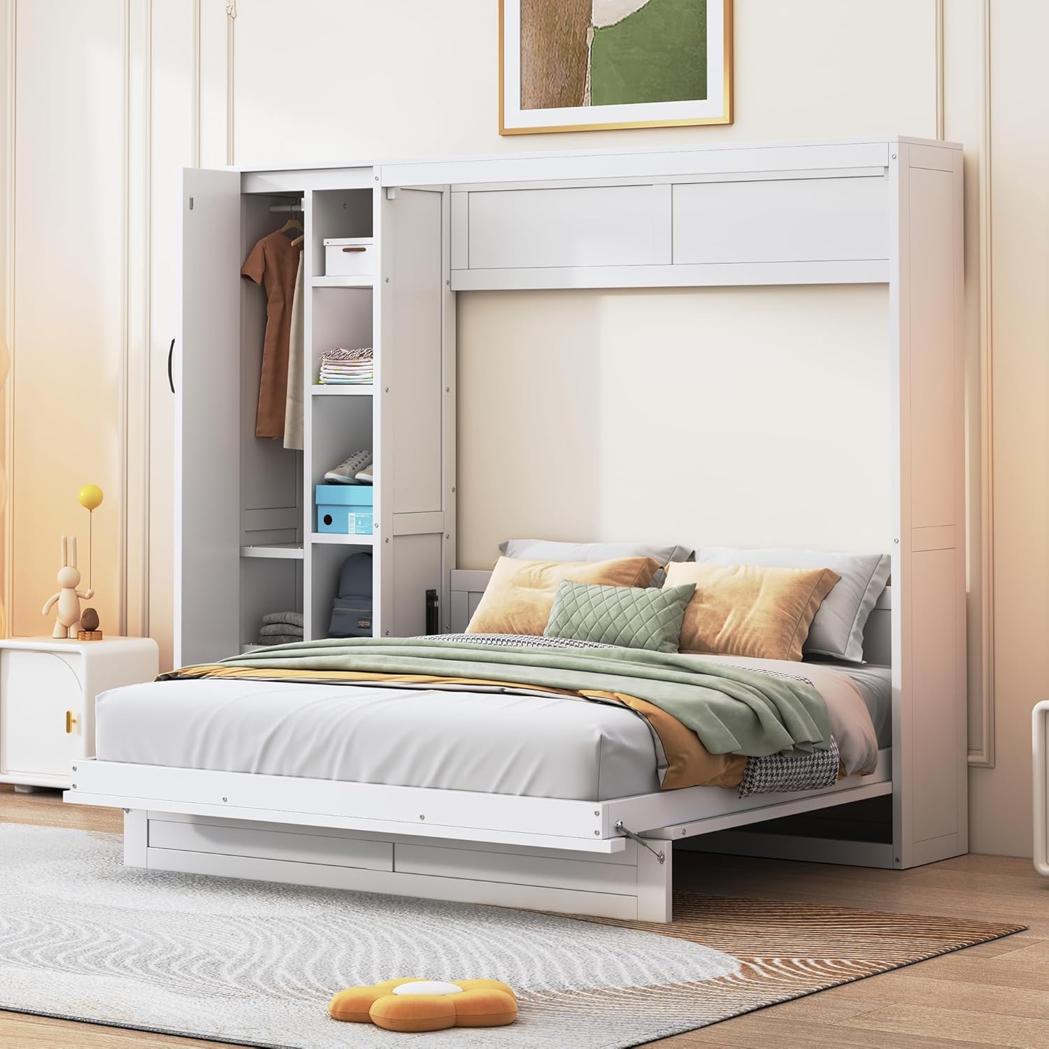 Merax Queen Size Murphy Bed Wall Bed with Shelves, Drawers and LED Lights,White