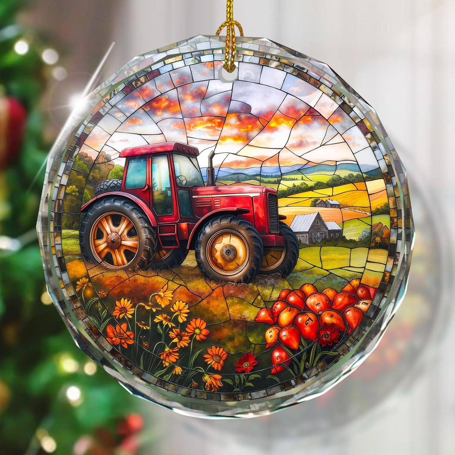 Stained Glass Tractor Ornament - Christmas Tree Decoration, Gift Idea for Holidays
