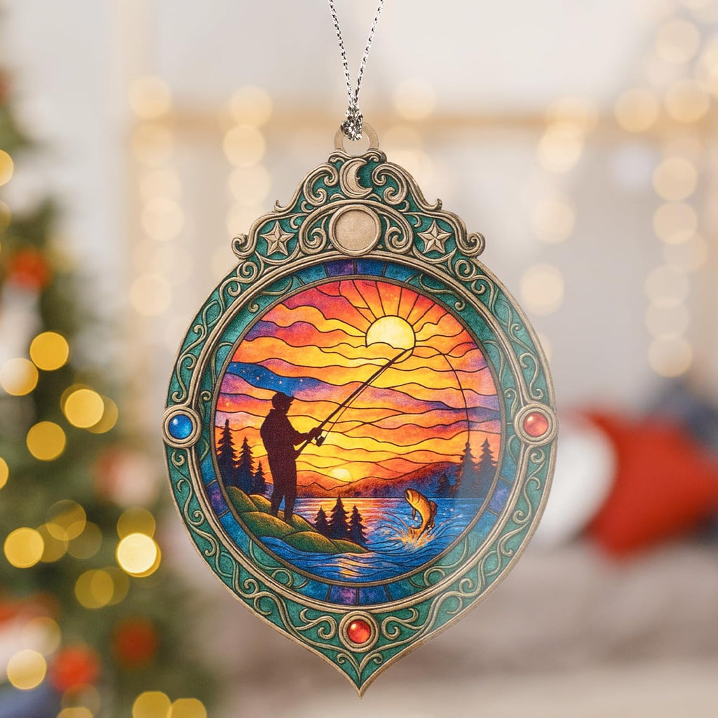 Fishing Ornament – Fisherman Decor – Bass Fishing Gift – Outdoor Cabin Ornament – Fisherman Card for Dad – Suncatcher Effect Stained Glass Window – Car Hanging