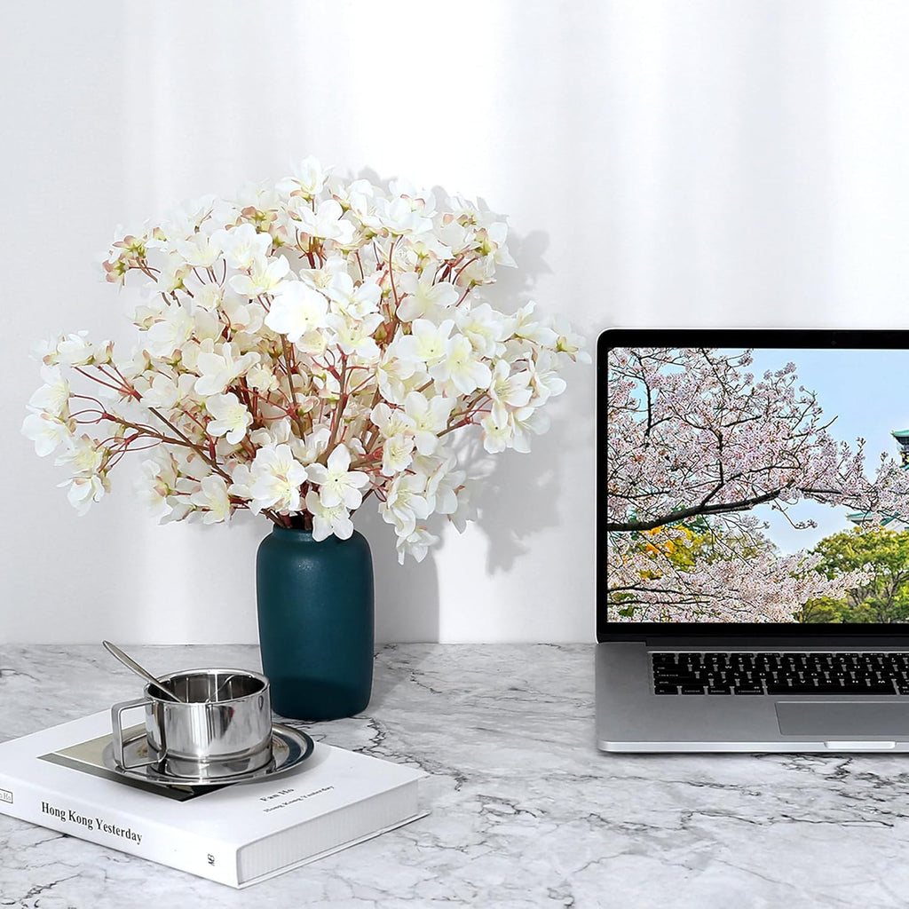 SITUMEIZI 6Pcs Artificial Cherry Blossom Branches Decor Fake Flowers 16" Silk Faux Flowers for Decoration Spring Peach Bouquet Home Wedding Bedroom Party Japanese Garden Table Centerpiece Decor(White)