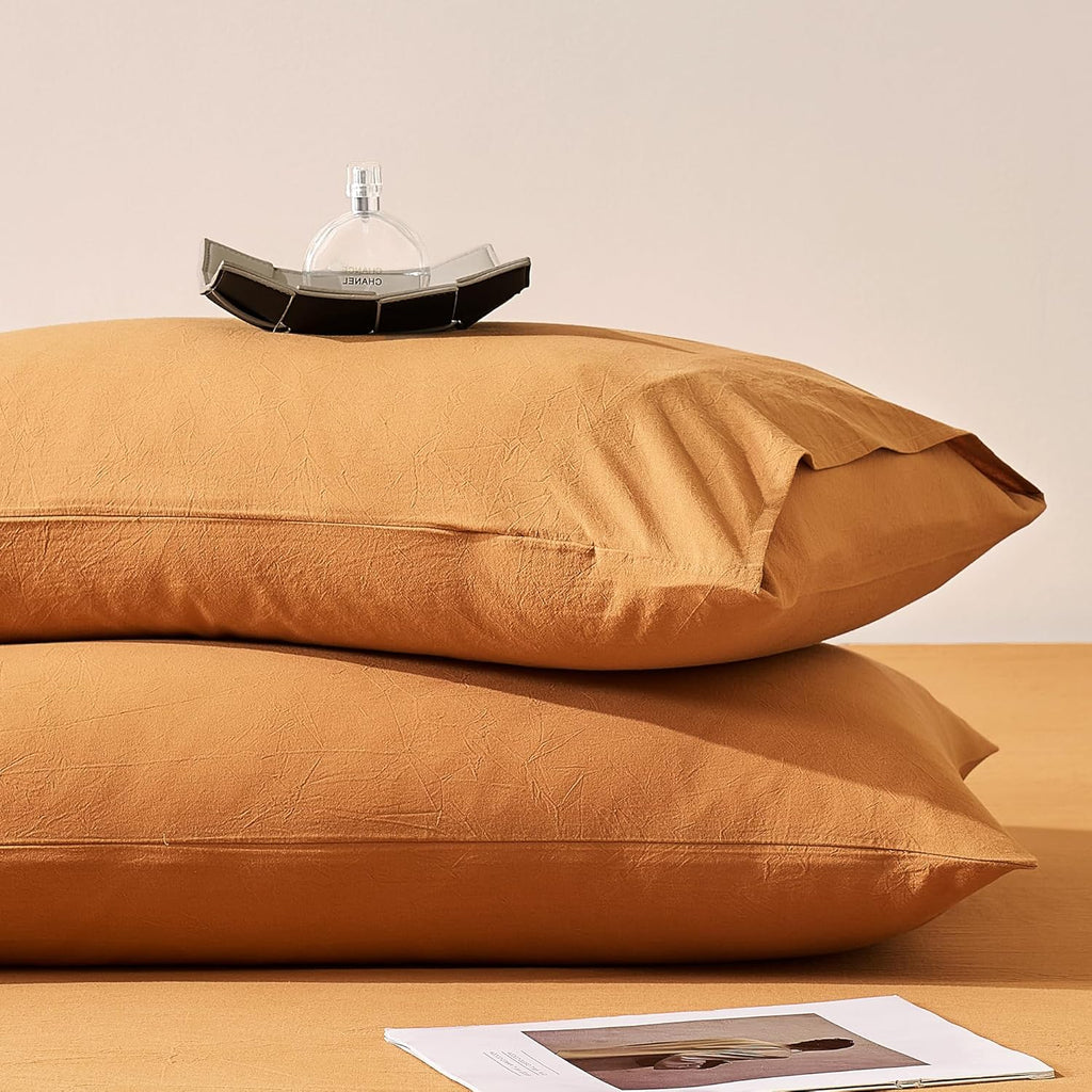 JELLYMONI Pillowcases Standard Set of 2 Washed Cotton Envelope Pillow Covers Linen-Like Texture,Amber Orange 20×26in Bed Pillow Cases Soft Breathable (Pillows are not Included)