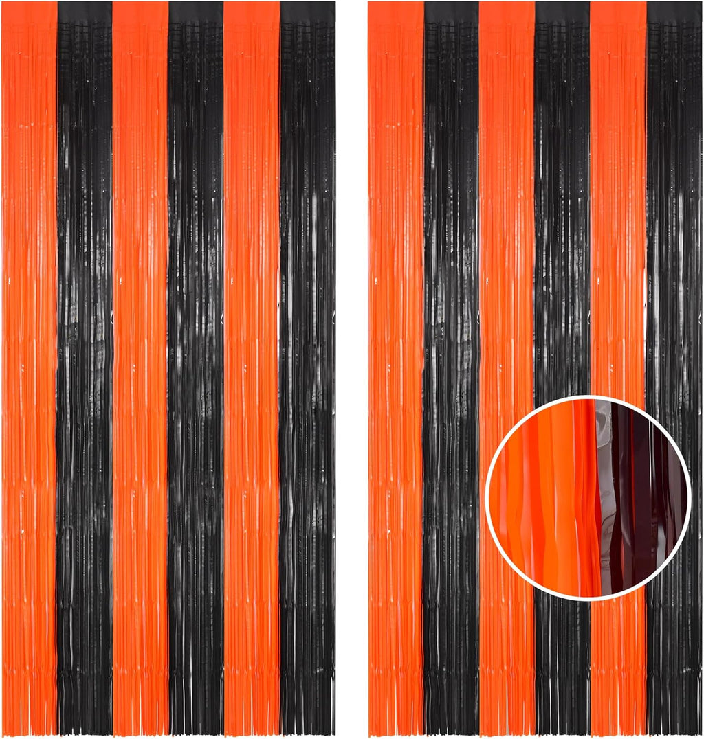 BRAVESHINE Tinsel Photo Backdrop Curtains - 2 Pack 3.2x8.2ft Black Orange Foil Fringe Streamer Curtain for Birthdays/Sports/Basketball/Pumpkins/Home/Office/Indoor/Outdoor Party Decorations