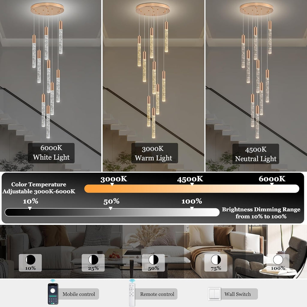 Modern High Ceiling Crystal Chandelier 9-Lights, Gold Spiral LED Raindrop Foyer Pendant Lighting, Bubble Staircase Living Room Hanging Light Fixture Flush Mount