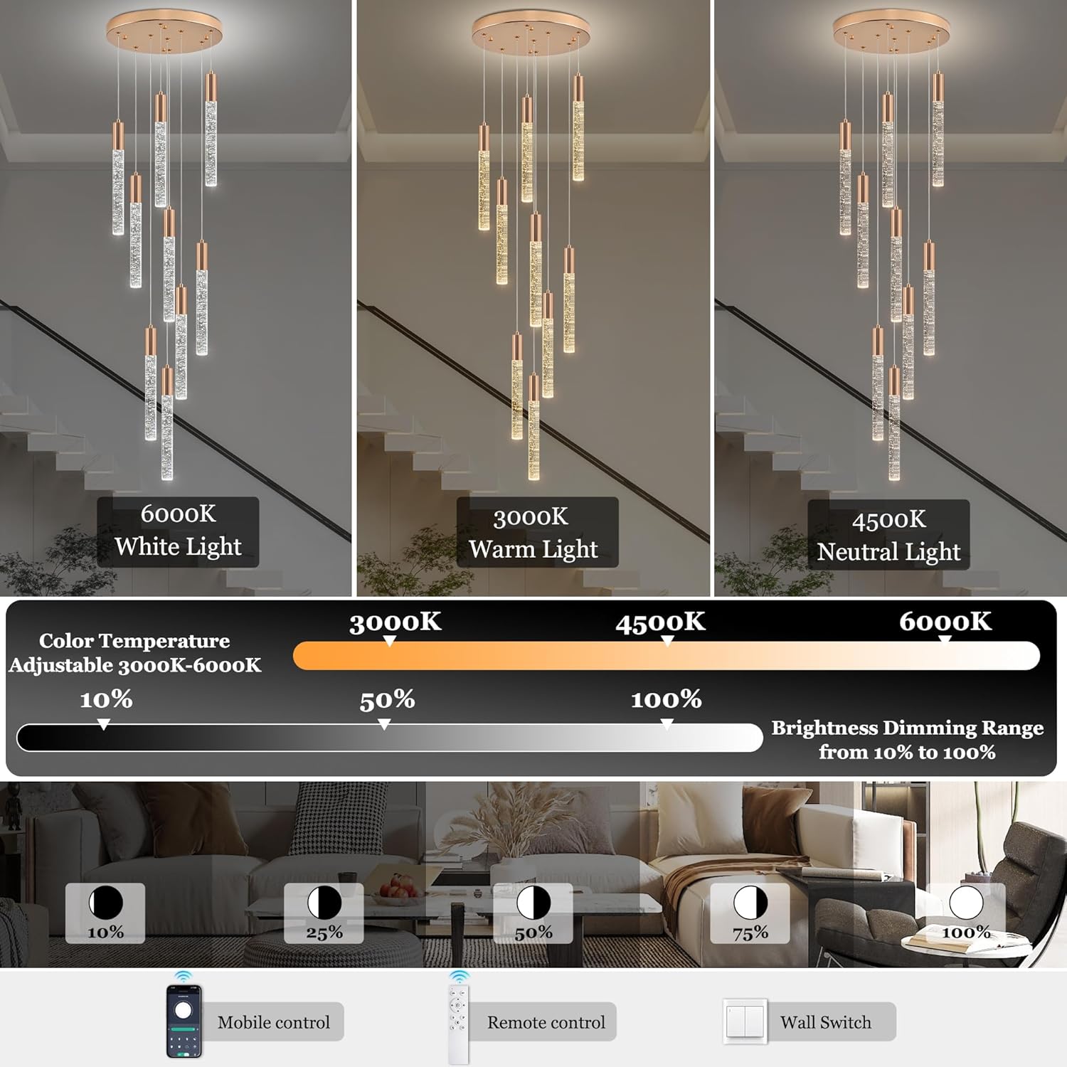 Modern High Ceiling Crystal Chandelier 9-Lights, Gold Spiral LED Raindrop Foyer Pendant Lighting, Bubble Staircase Living Room Hanging Light Fixture Flush Mount