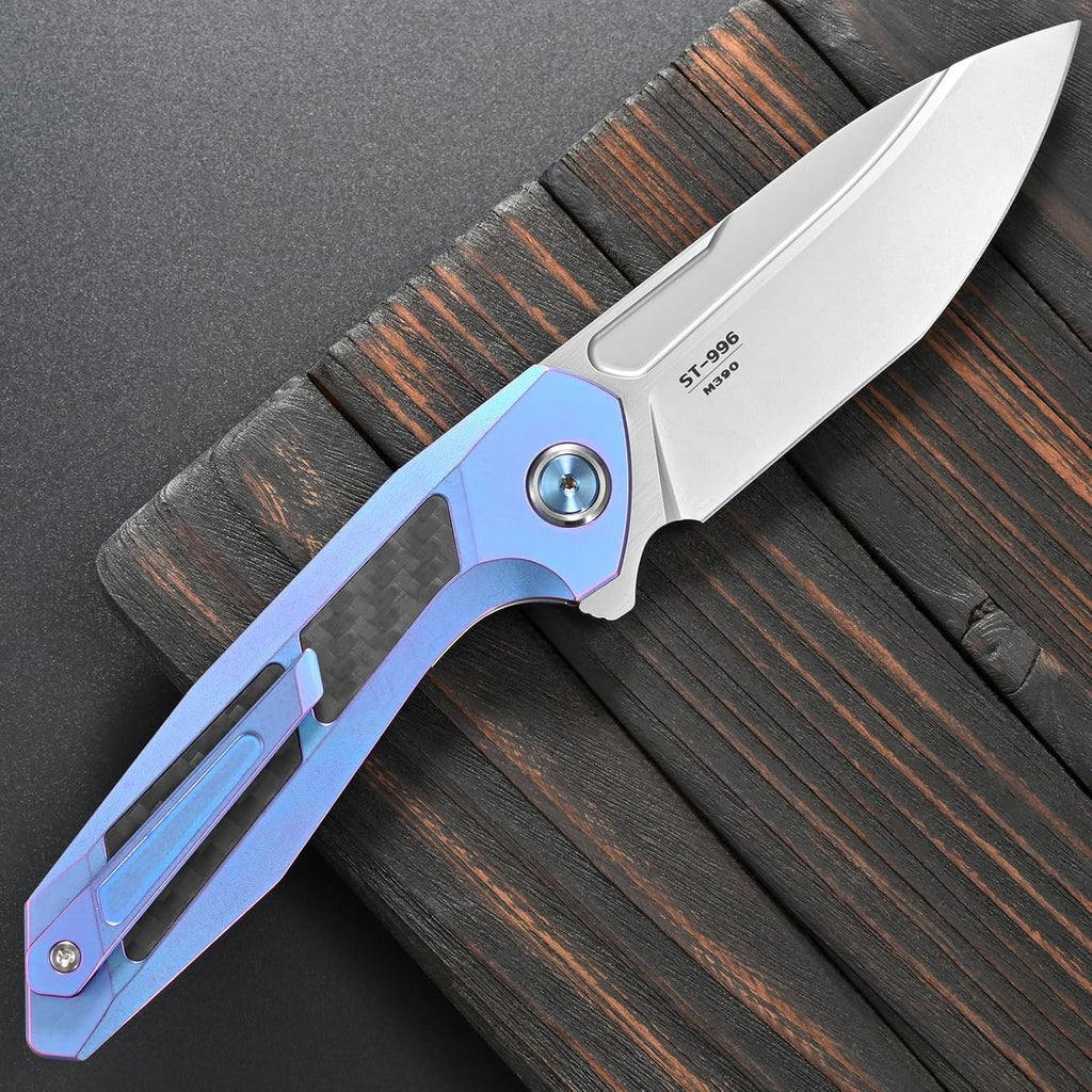Sitivien ST996 Folding Knife,Handmade M390 Pearlescent Polishing Blade,Titanium & Carbon Fiber Handle Pocket Knife for Outdoor Camping,Hiking,Hunting(Blue)