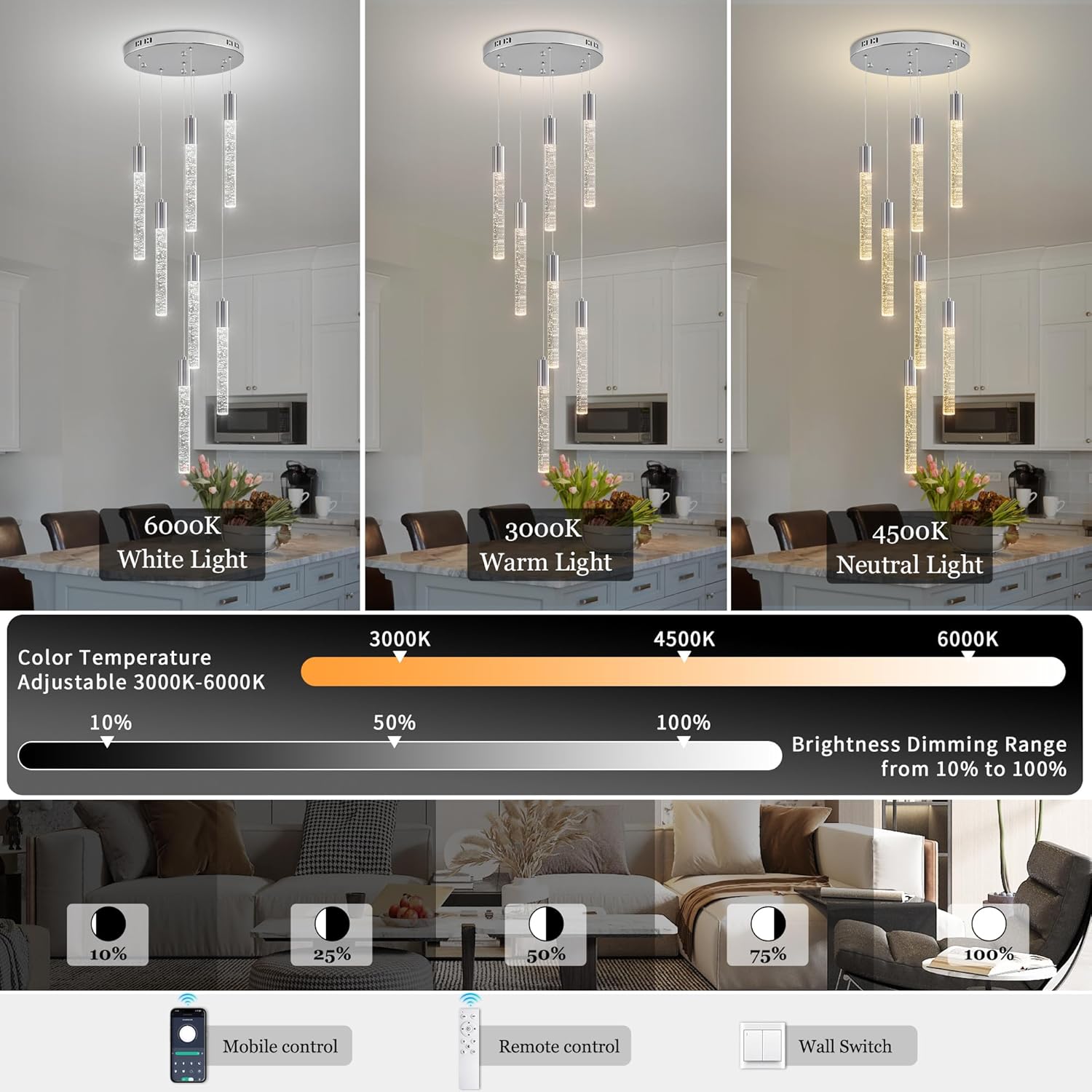 Modern High Ceiling Crystal Chandelier 7-Lights, Spiral LED Raindrop Foyer Pendant Lighting, Bubble Staircase Living Room Hanging Light Fixture Flush Mount Chrome